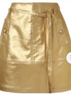 Metallic faux leather Gold A-Line Skirt with Belt Detail - Women M/L